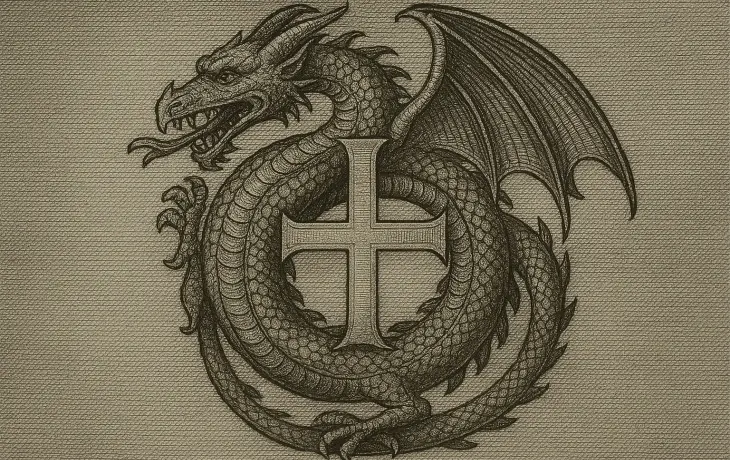 Ejderha Tarikatı’nı simgeleyen haçlı ejderha arması çizimi.